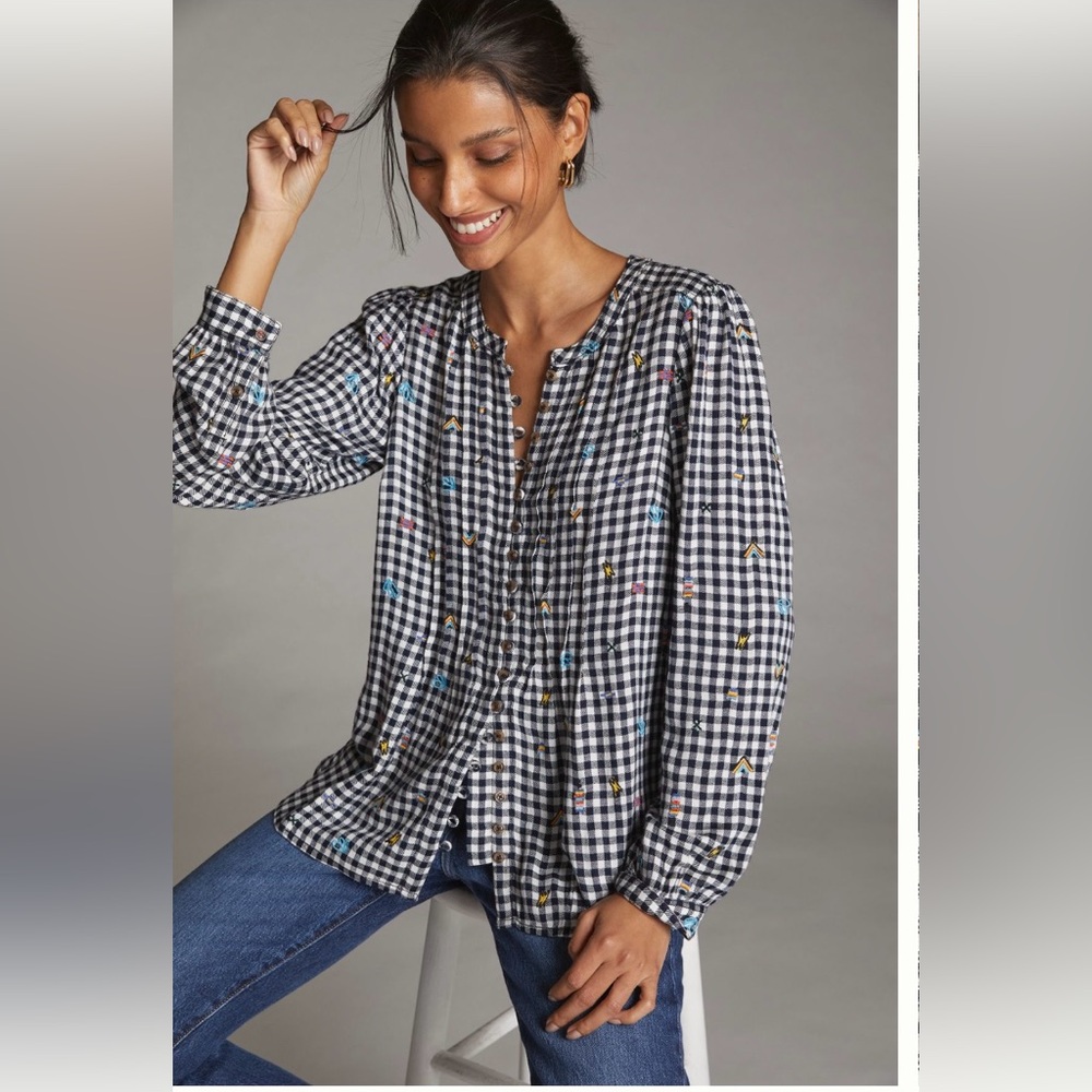 Anthropologie Pilcro embroidered gingham button down